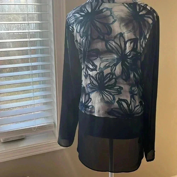 [L]Simply Vera  by Vera Wang Blue Floral LS Shirt Blouse with Sheered Sleeves - Picture 3 of 6